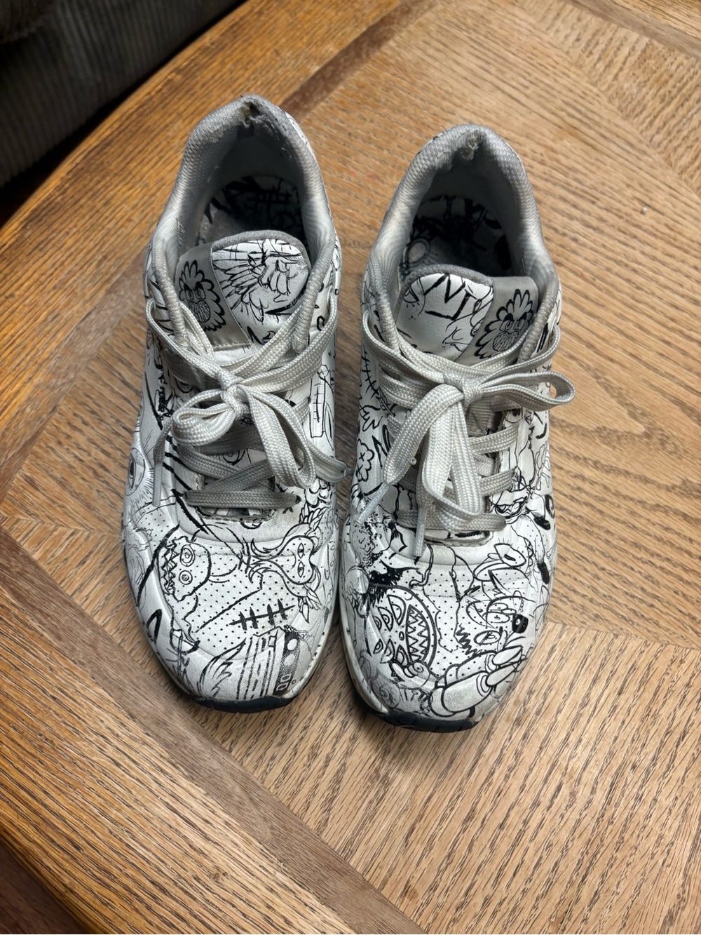 Women's White Canvas Sneakers with Black Doodle Print